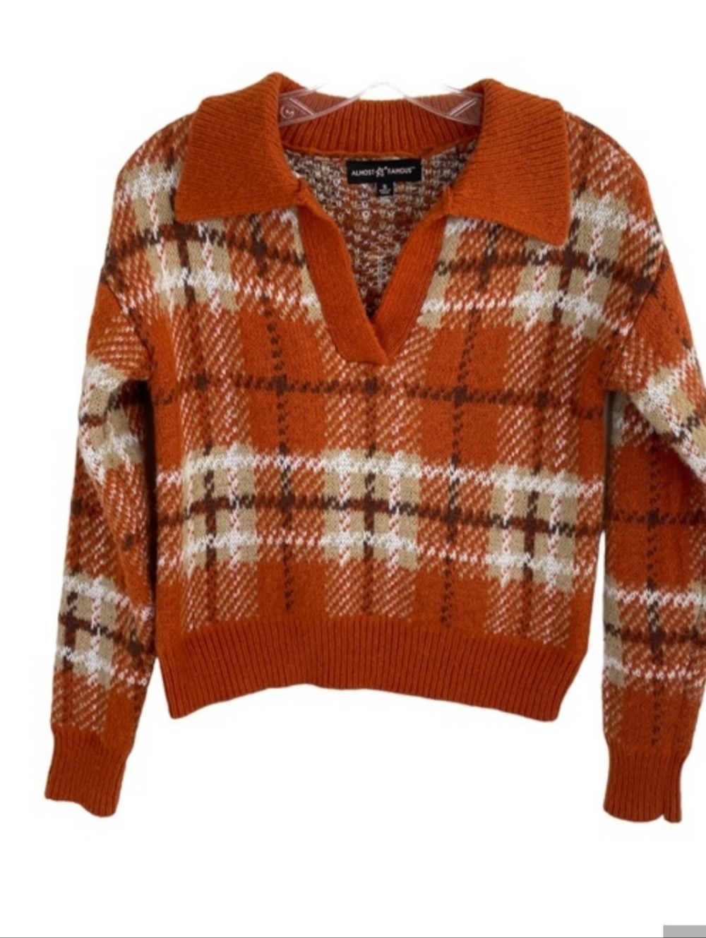 Almost Famous Orange Plaid V-Neck Sweater - Women's Xl